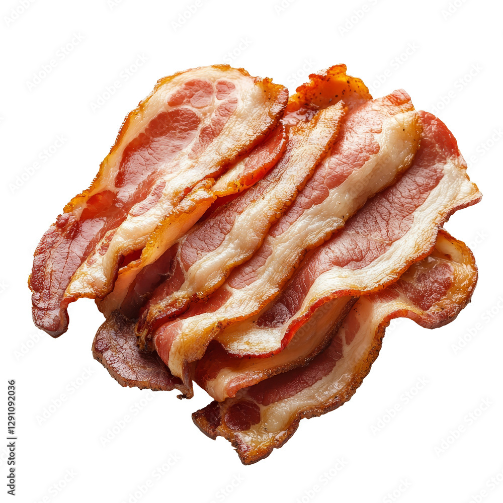 Poster sliced bacon pieces arranged neatly on a transparent surface for culinary use and meal preparation, 