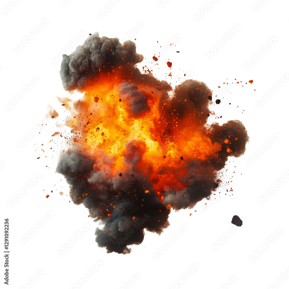 Poster dynamic and fiery explosions erupting against a transparent background, showcasing intense bursts of