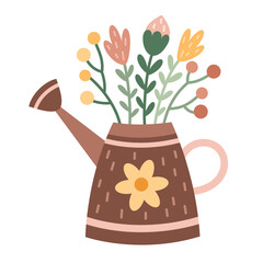 Watering can with flowers. Spring clipart. Cute seasonal element. Hand draw vector illustration