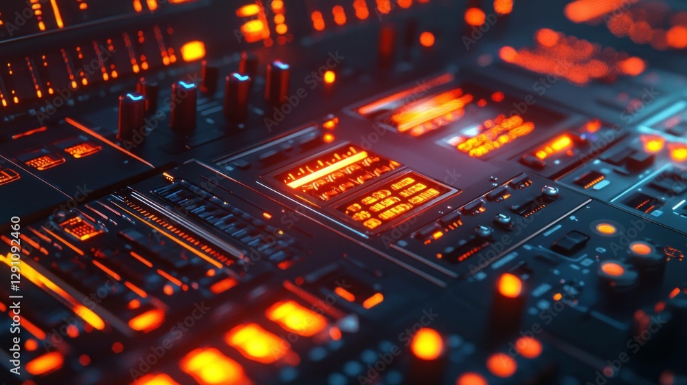 Aufkleber futuristic control panel with glowing orange lights and intricate circuitry, perfect for tech themed