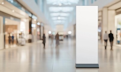 blank white roll-up banner standing in the middle of an empty shopping mall, with people walking around blurred out. The background is a neutral light beige color, giving it a clean and modern look.