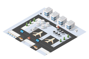 Winter airport with airplanes, fuel tanks, buses and helicopters waiting for passengers