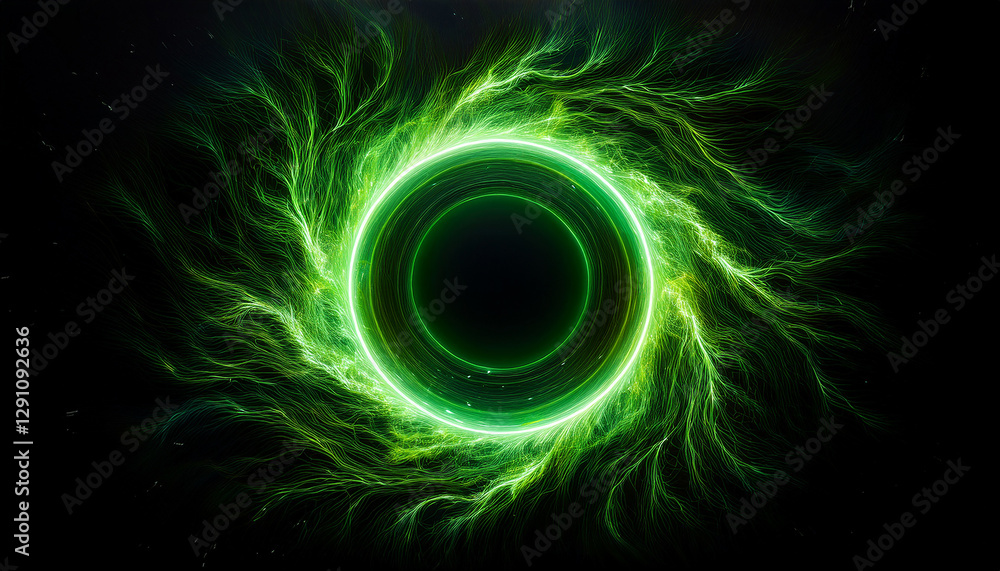 Poster abstract green lightning circle on dark backdrop. mysterious shape.
