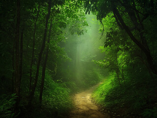 Obraz premium Serene Forest Pathway with Misty Ambience