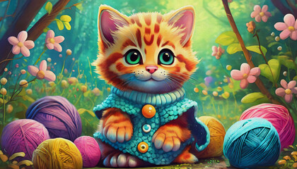 Fototapeta premium oil painting style cartoon character illustration cute red kitten playing with assorted balls of knitting thread.
