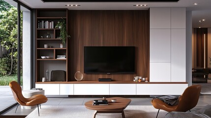 Minimalist media wall with wooden open shelves and white closed cabinets, a sleek TV in the center, and stylish decor pieces.