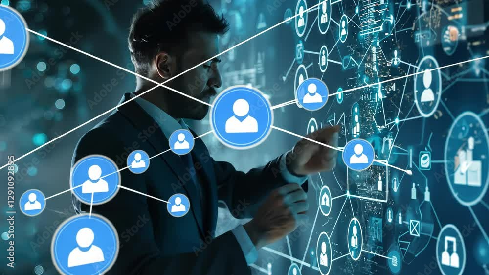 Poster a business professional engages with a dynamic digital interface, exploring connections within a hig
