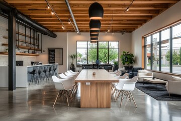 Modern open-plan office space with long communal table
