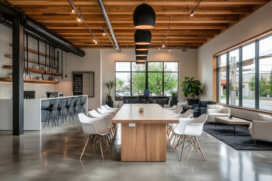 Modern open-plan office space with long communal table
