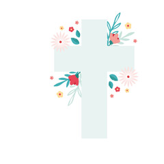easter cross with spring wild flowers. baptism cross icon. meadow flowers, summer field florals, Christian religious card.