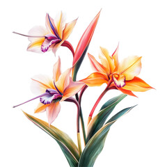 Fototapeta premium Elegant bird of paradise orchids with vibrant colors isolated on a transparent background, orchids, bird of paradise isolated transparent background