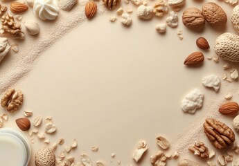 Obraz premium Aesthetic Flat Lay of Various Nuts and Creamy Ingredients on a Solid Background Perfect for Healthy Eating and Culinary Inspiration