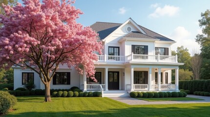 Obraz premium Beautiful white house with pink sakura tree in front of it