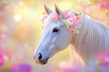White horse with a flower crown in pastel tones