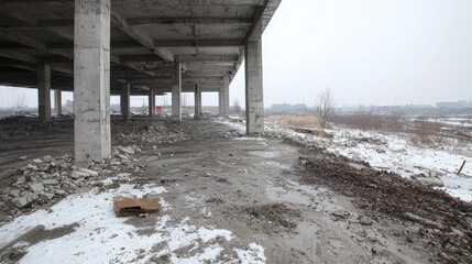 Empty Construction Site Under Concrete Framework, Winter Landscape