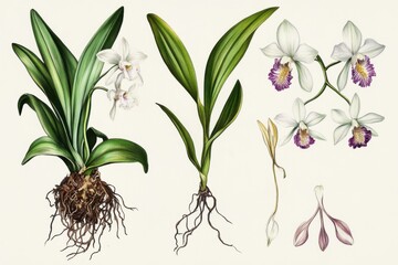 Illustration of Orchidaceae Epiphyticae Plant Parts Displayed Together for Reference