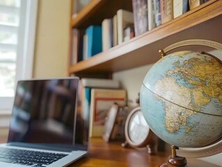 A cozy study space featuring a laptop and a globe, with bookshelves in the background