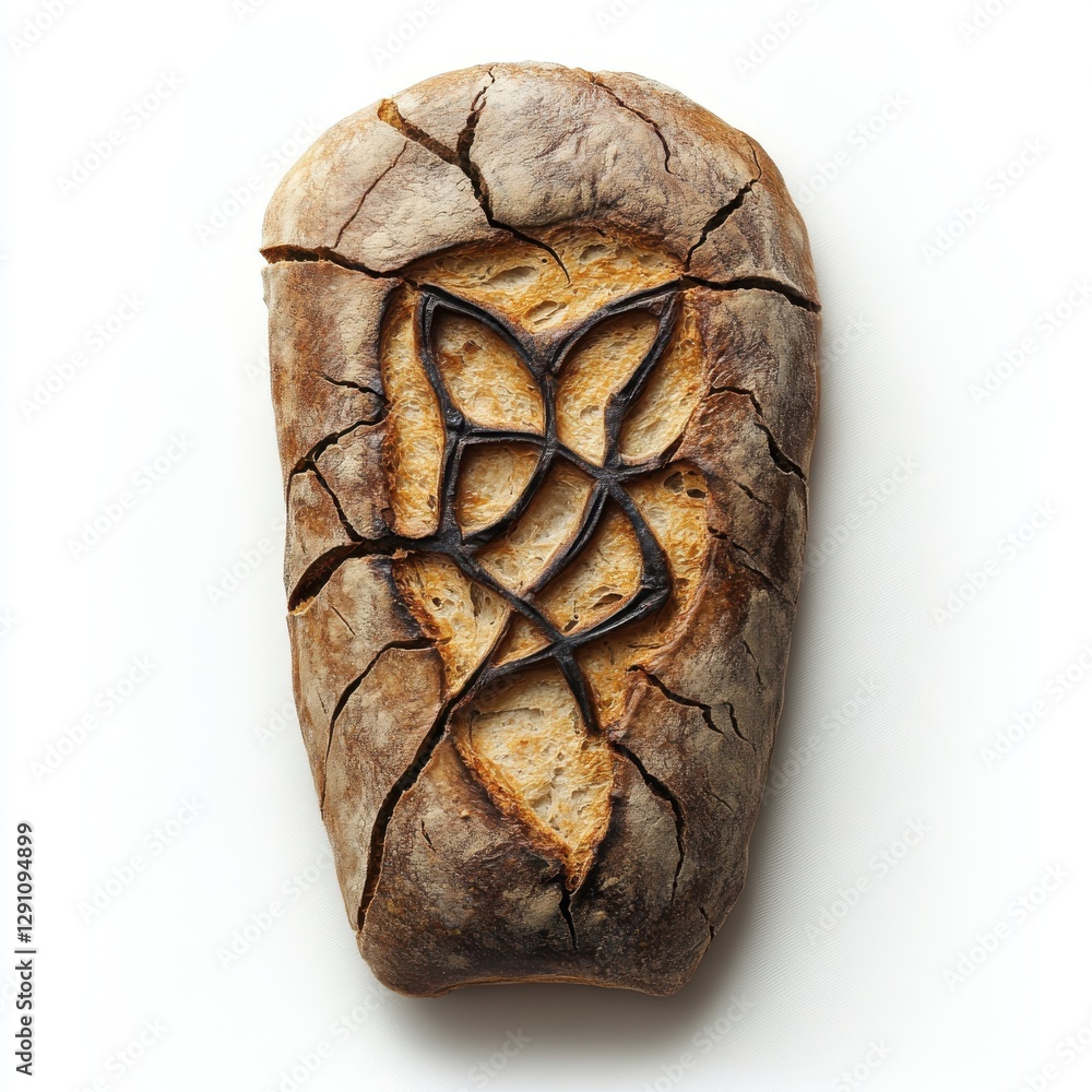 Poster artisanal bread with unique crack pattern and decorative score on a light background showcasing rust