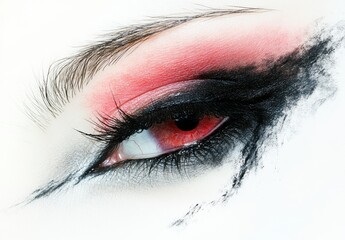 Naklejka premium Artistic Close-Up of a Dramatic Eye Makeup with Bold Red and Black Colors, Expressive Eyelashes and Unique Color Blending Techniques