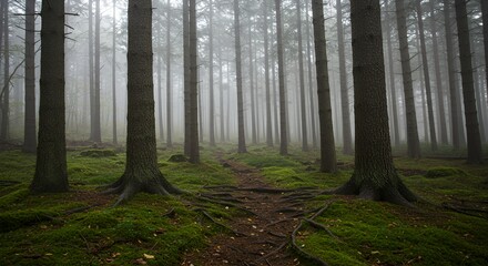 Naklejka premium Walking Path Through Misty Forest with Green Moss and Tall Trees