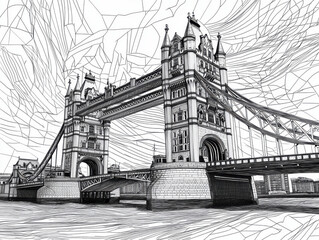 Obraz premium Tower Bridge in London illustrated with bold structured lines, showcasing its iconic architecture against dynamic sky. This artwork captures essence of landmark beautifully