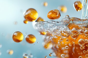 Vitamin E serum: Nourishing skin capsules Bubbles and droplets in a refreshing beverage close-up.