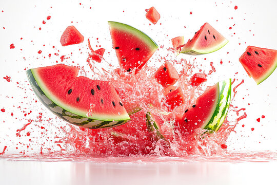 Exploding watermelon burst, vibrant red and pink color palette, juice splashes and watermelon fragments flying outward