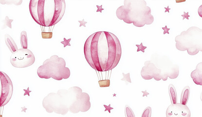 Watercolor hot air balloons, clouds, and stars create whimsical pattern featuring cute bunnies. This charming design evokes sense of joy and adventure