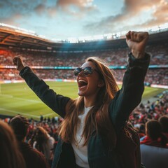 Excited Young Woman Celebrating at a Soccer Match in a Crowded Stadium