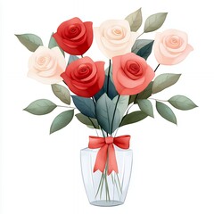 Fototapeta premium Watercolor Roses In Glass Vase With Red Ribbon