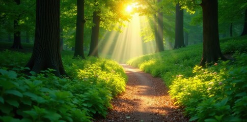 Sun-dappled path winds through lush green forest, sunlight filtering through leaves , adventure, greenery, scenic