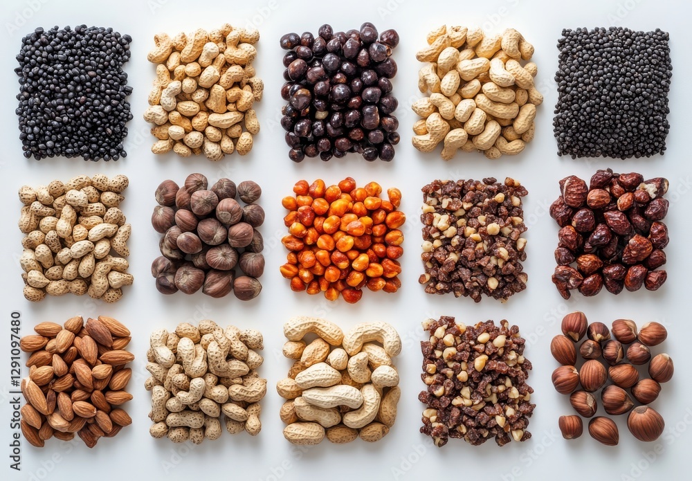 Poster Assorted Nuts and Seeds Displayed on White Background in a Grid Pattern for Healthy Snacking and Dietary Options