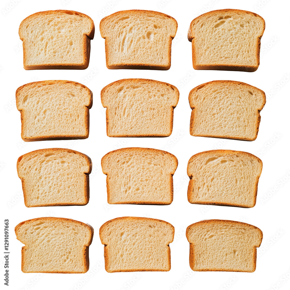 Poster rows of fresh bread slices arranged neatly on a bright transparent background for culinary presentat