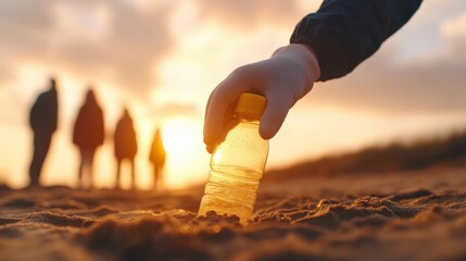 hand picking up plastic bottle on beach at sunset