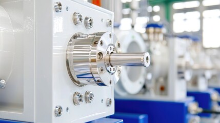 Industrial machine, close-up, factory setting.  High-tech manufacturing process.  Possible use  Technical documentation, educational material