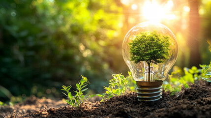 eco friendly energy concept with a tree inside a lightbulb in nature, symbolizing sustainability, renewable energy, and environmental conservation with sunlight and green foliage in the background

