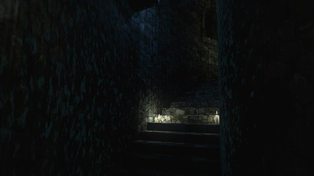 Medieval spiral staircase animation. stone tower with windows, lamps and candles at night. 3d rendering. Seamless loop.