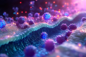 Fototapeta premium Vivid illustration of lipid bilayer dynamic glowing phospholipid molecule fluid mosaic model depiction cinematic light effect natural texture ultra detailed structure symmetrical alignment photo