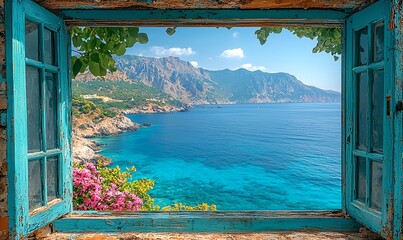 A Greek window frames a full ocean view