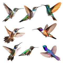 Obraz premium A stunning collection of various hummingbirds showcasing their vibrant colors and unique features, beautiful diffrent hummingbird birds in flight isolated