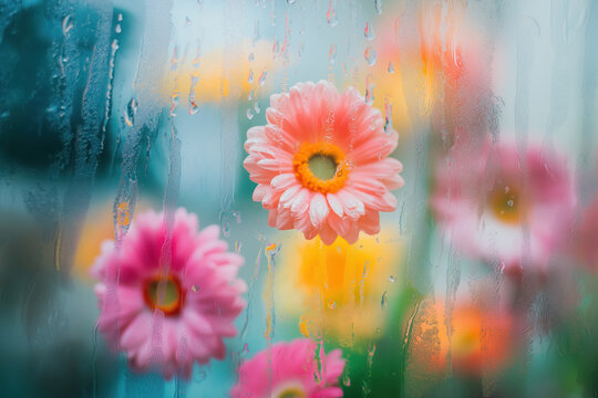 pastel flowers behind glass with spring vibes and water droplets, calm scene wallpaper