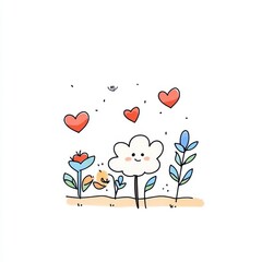 Whimsical Cartoon Cloud Tree With Colorful Flowers And Hearts