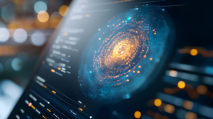 Futuristic digital interface displays glowing security network with interconnected data points. Ideal for cybersecurity branding, AI technology visuals, digital innovation marketing. Selective focus