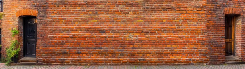 Obraz premium Panoramic View of a Rustic Textured Brick Wall with Two Doorways and Greenery