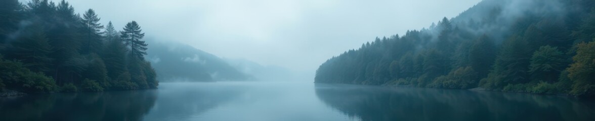 Fototapeta premium Misty morning in a Norwegian fjord forest Dense fog, dark evergreens , trees, atmospheric, forest