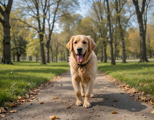 A golden retriever that walks in the park in the park. The sun is shining, creating a warm atmosphere