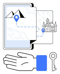 Tablet with map, location pins, mountain, castle, dotted path, hand, and key. Ideal for digital navigation travel exploration historical tours technology adventure guidance. Line metaphor