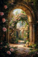 Fototapeta premium Ornate medieval rococo archway adorned with vibrant flowers.