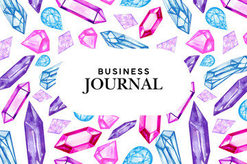 Frame of watercolor gemstones and crystals colorful colors on a white background