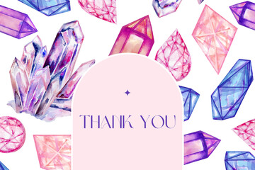 Frame of watercolor gemstones and crystals colorful colors on a white background